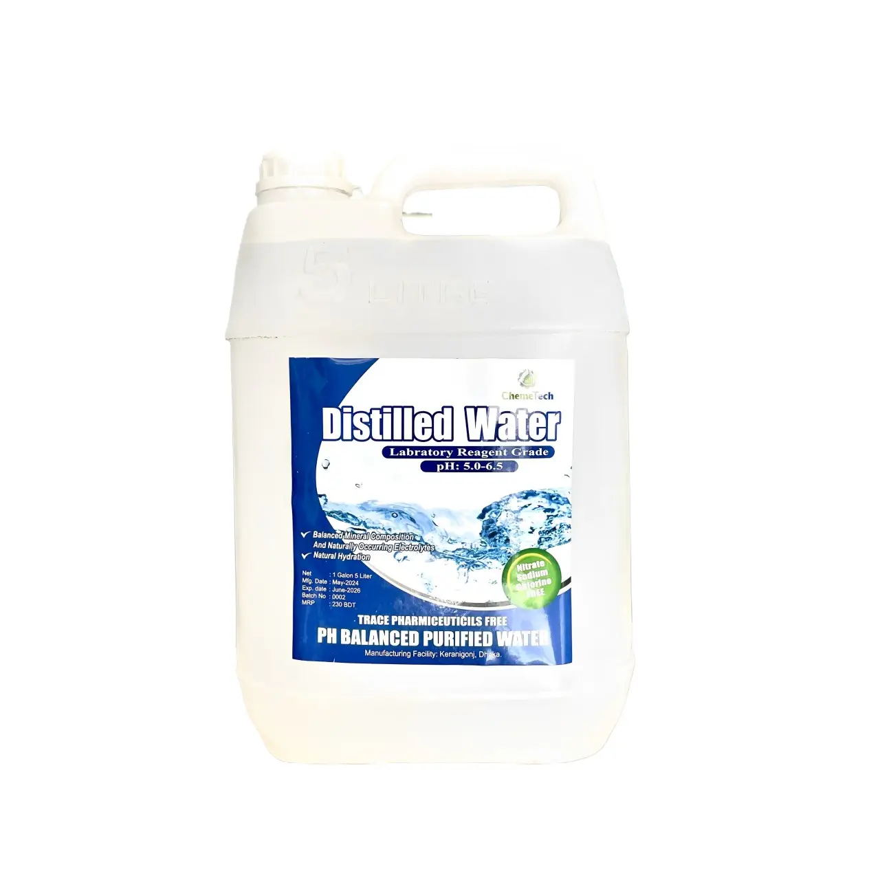 Distilled Water PH(5.0-6.5) 5 Liter